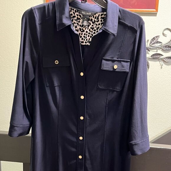 White House Black Market Navy Shirt Dress with Leopard Print Lining Size 10 #058 - Picture 1 of 8